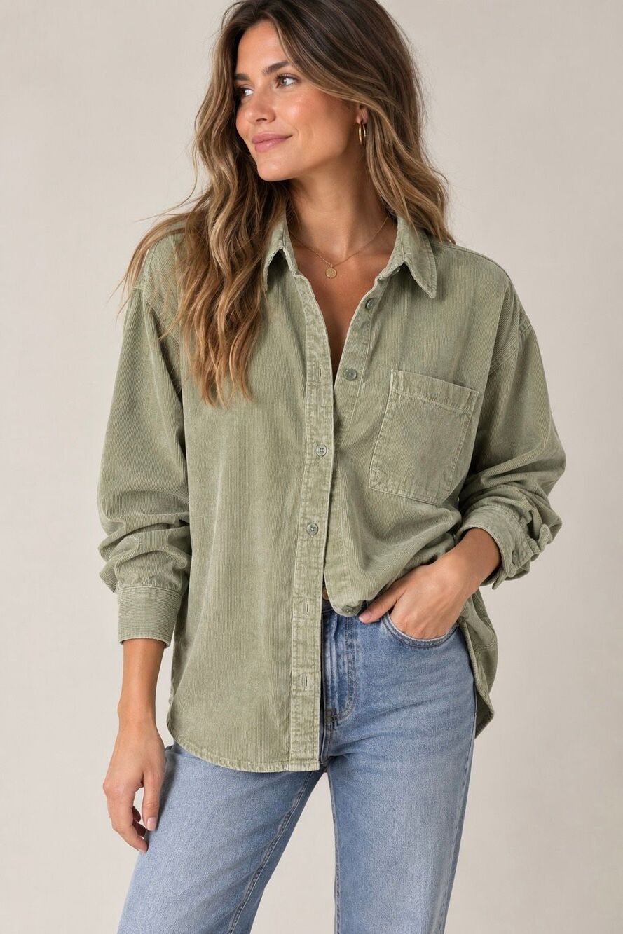 Abercrombie & Fitch Oversized Corduroy Button Up Shirt Women’s Large Sage Green
